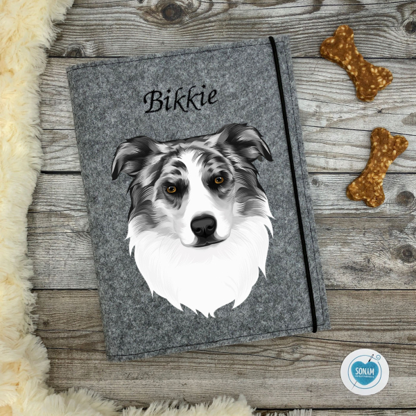 Dokumentenhülle Hund grau meliert Designbeispiel Border Collie blue merle
